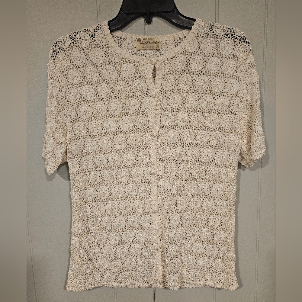 VINTAGE SYC Sweater Women’s XLarge XL Ivory Best Quality Hand Crocheted Cardigan